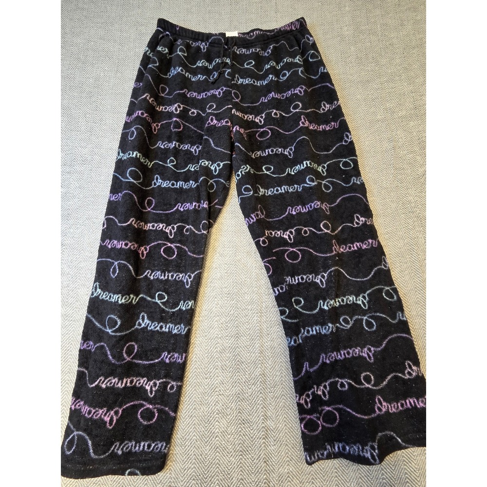 Women's Fleece Pajama Pants XL Purple Blue Black Dreamer Script Elastic Waisted